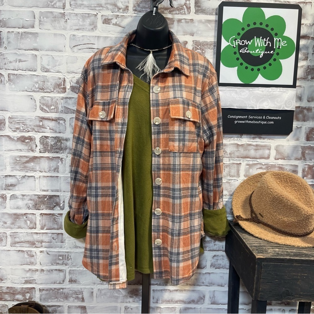Plaid Orange and Gray Women's button up layer shirt small